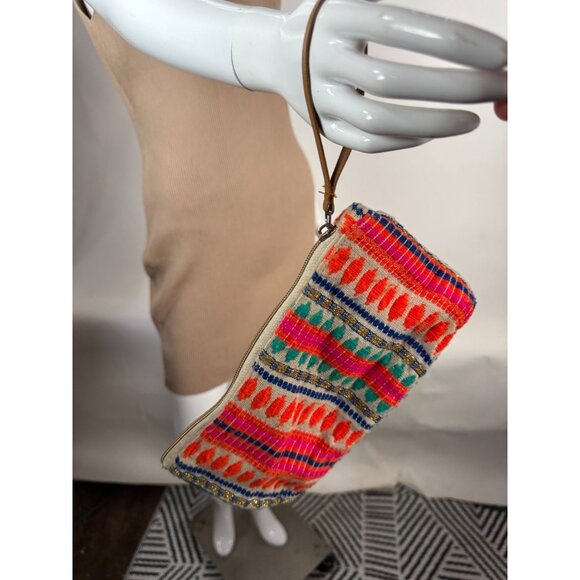 Handmade Tribal-Inspired Multicolor Cotton Canvas Clutch With Zipper & Leather S - Picture 15 of 16